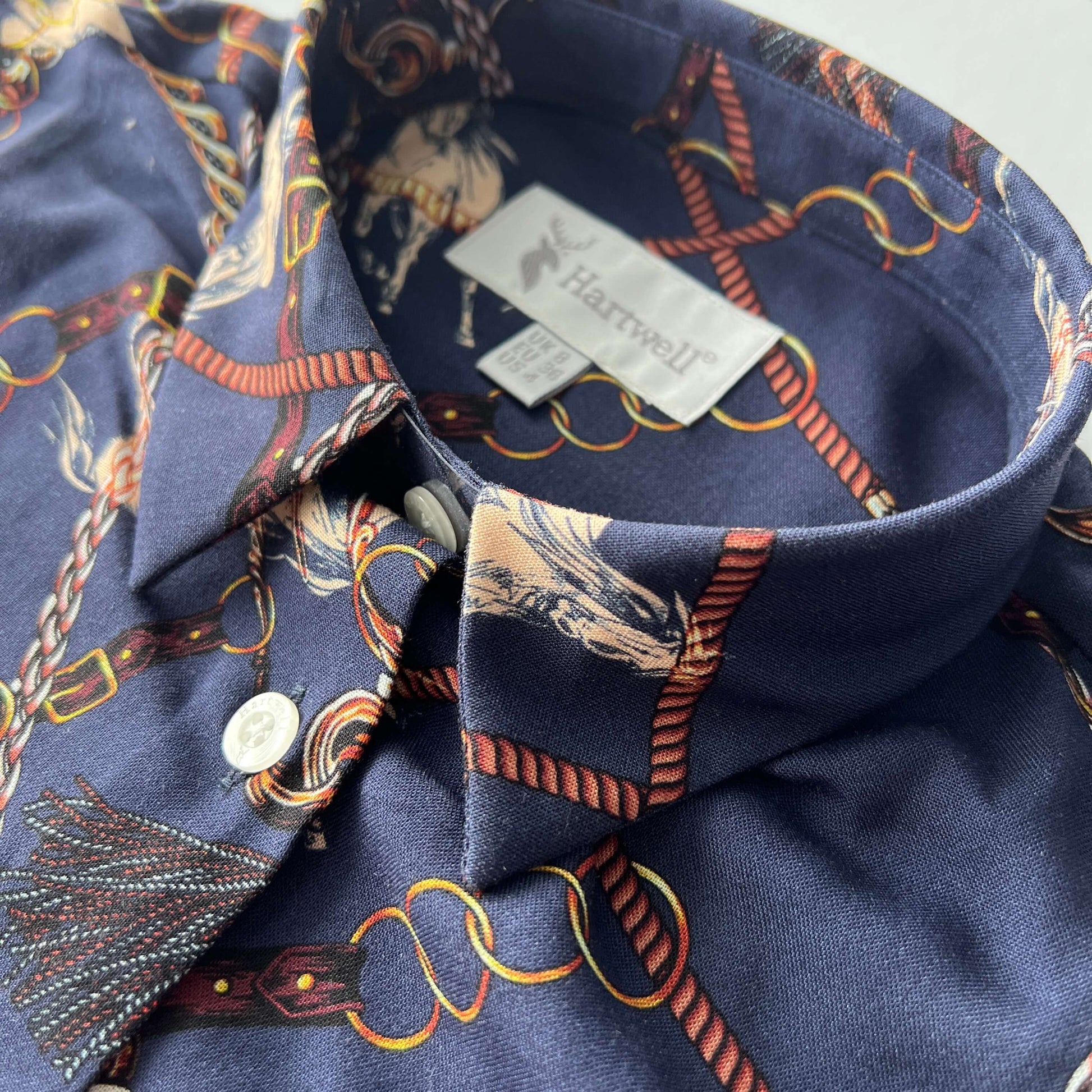 close-up of Hartwell horse print shirt