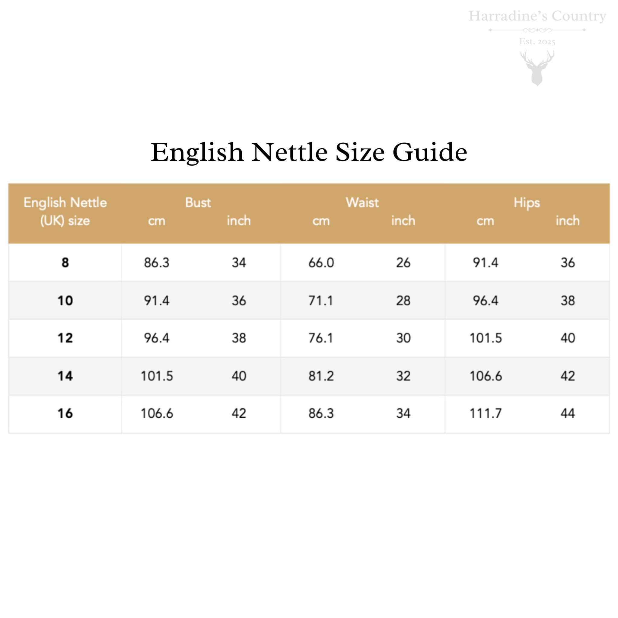English Nettle tweed jackets and tweed skirts UK size guide