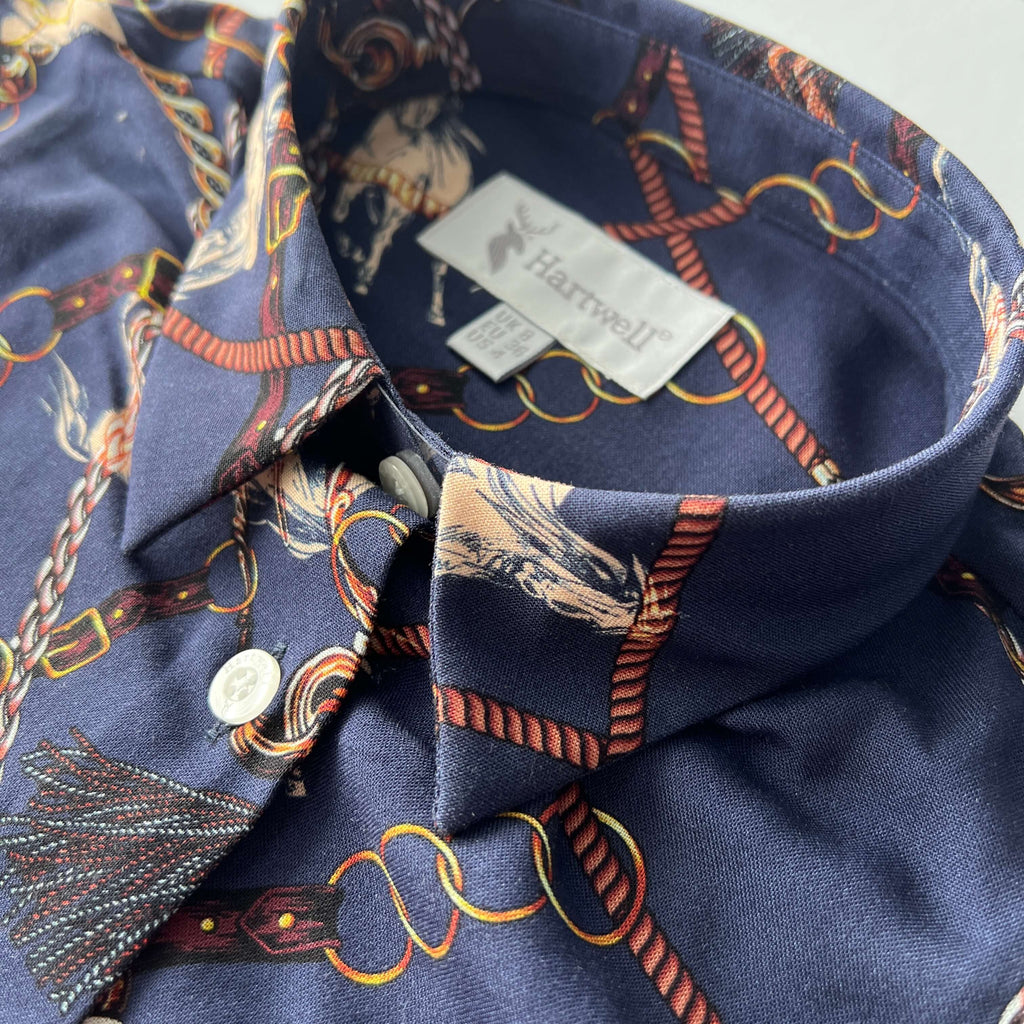 close-up of Hartwell horse print shirt
