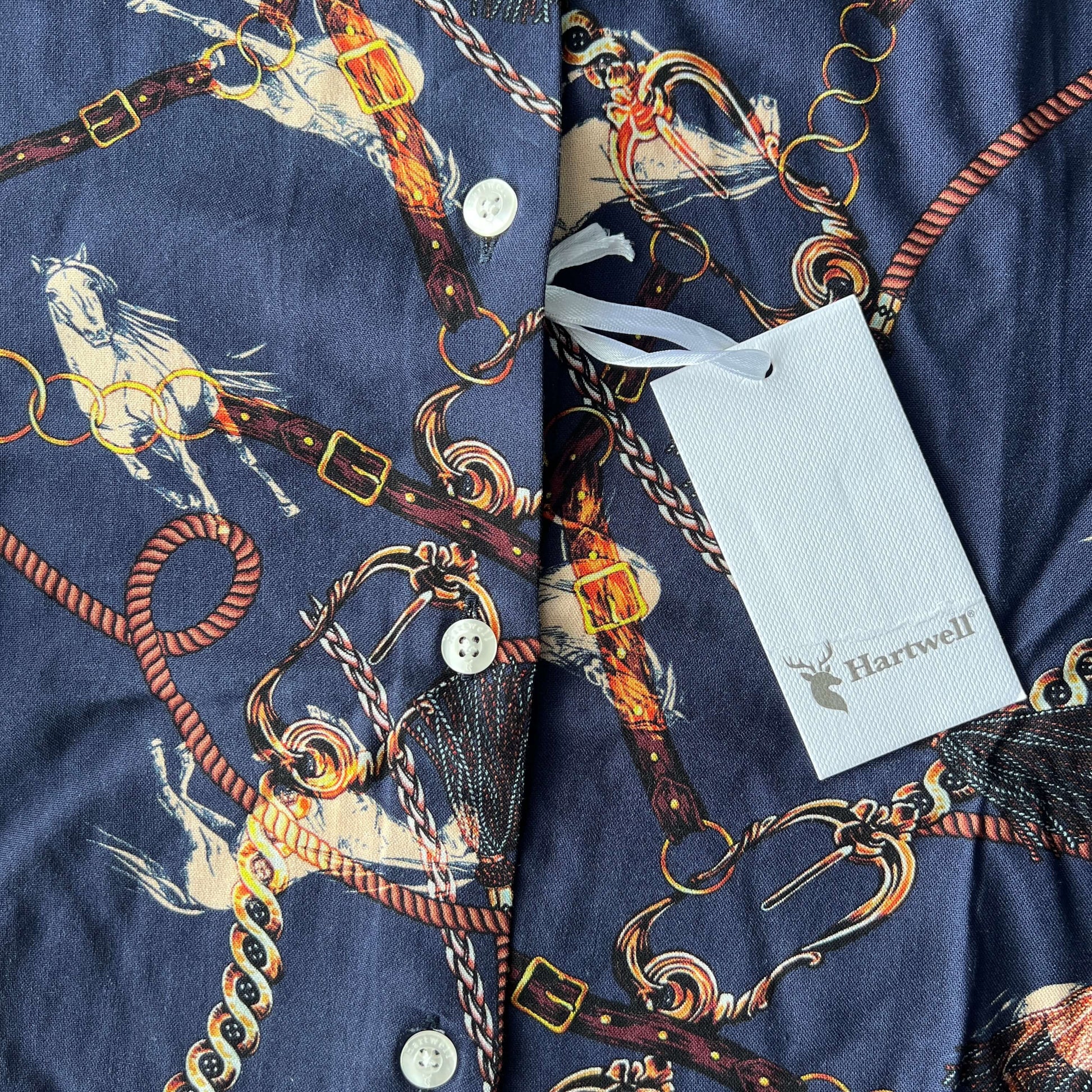 hartwell navy horse print shirt front close-up