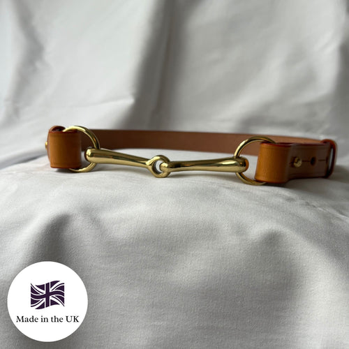 Tan brown bridle leather belt with equestrian horse bit centrepiece