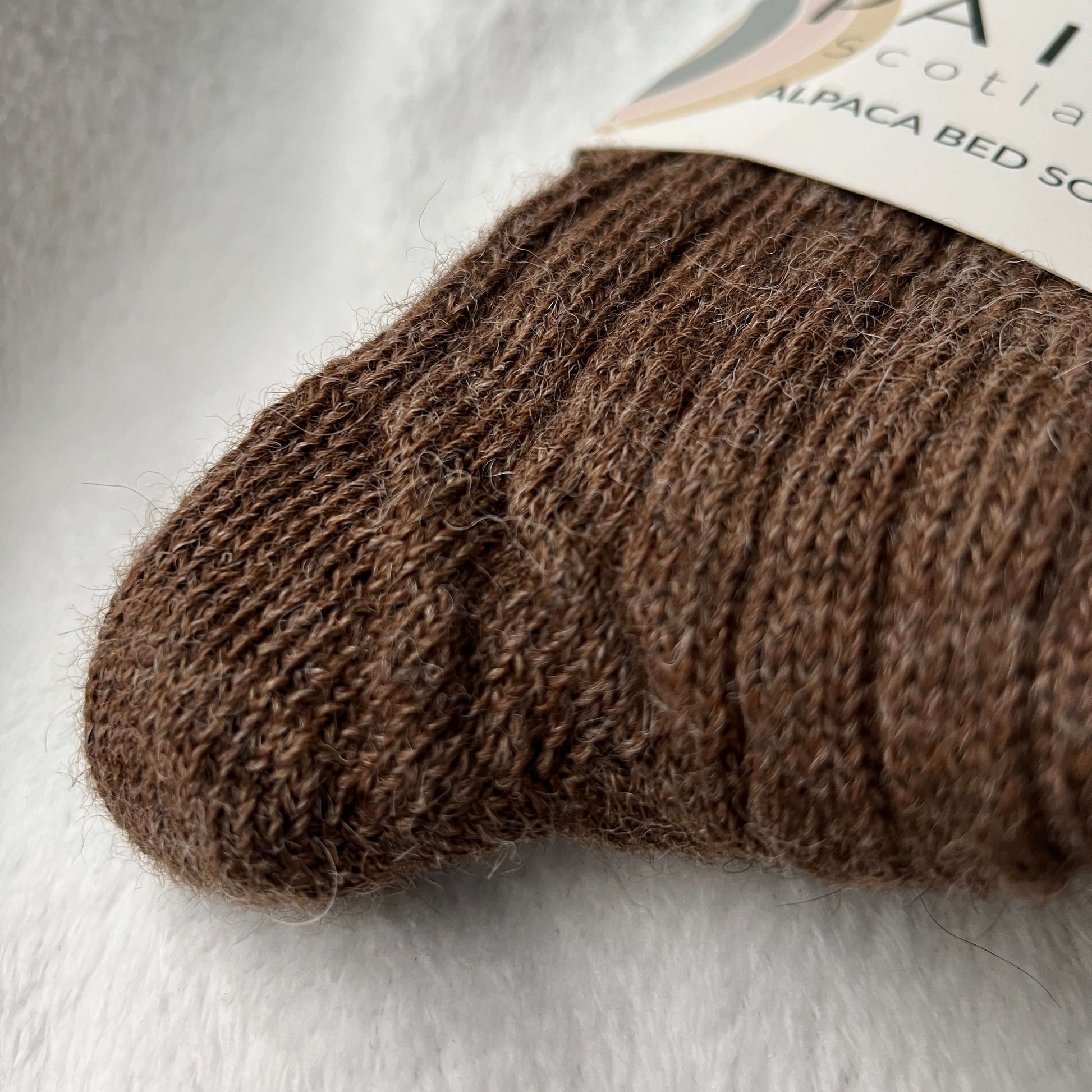 close-up of brown alpaca wool bed socks