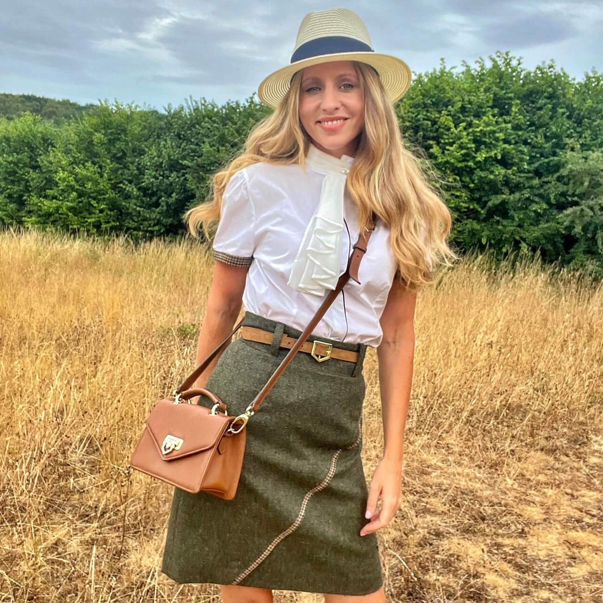summer country outfit featuring green tweed skirt