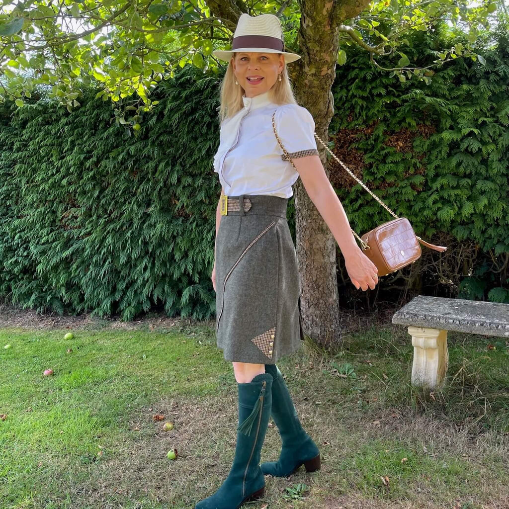 summer country outfit featuring green tweed skirt
