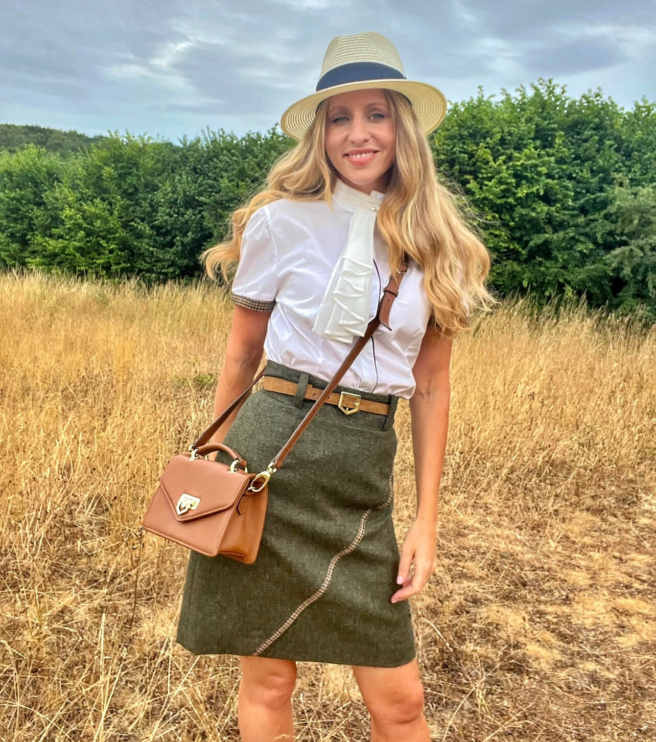 Adderbury Village Green tweed knee length skirt styled for summer