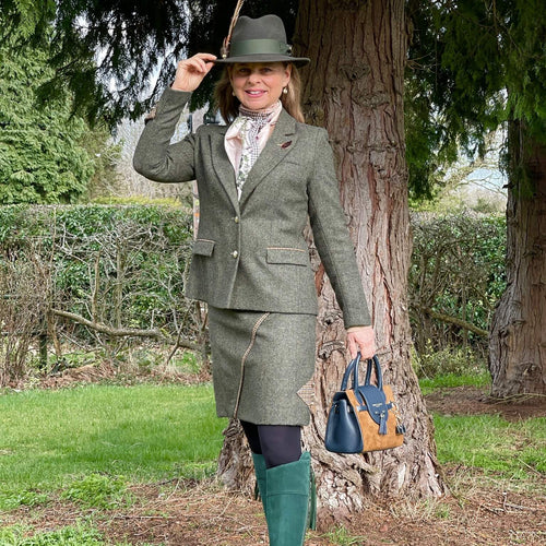 The Adderbury green tweed knee length skirt styled with the matching Heyford tweed jacket