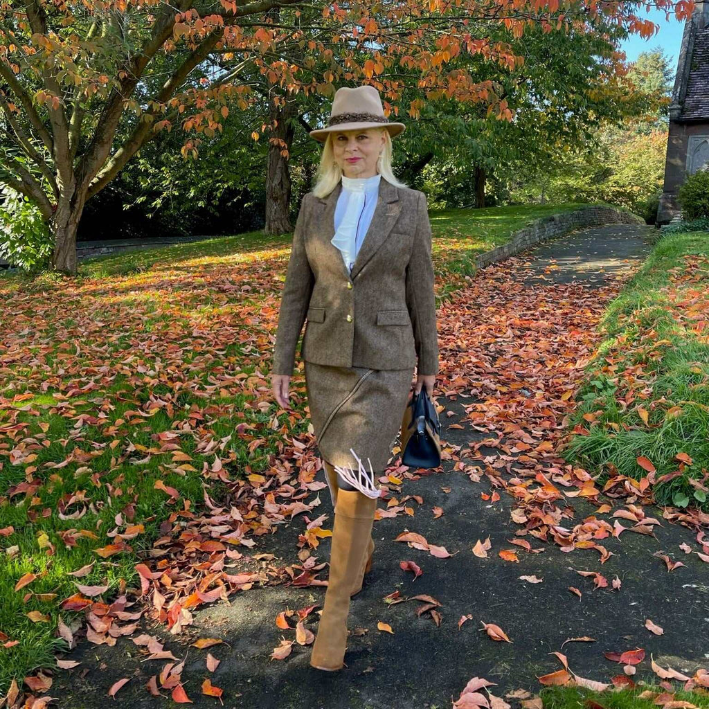 Tweed skirt and jacket set styled together