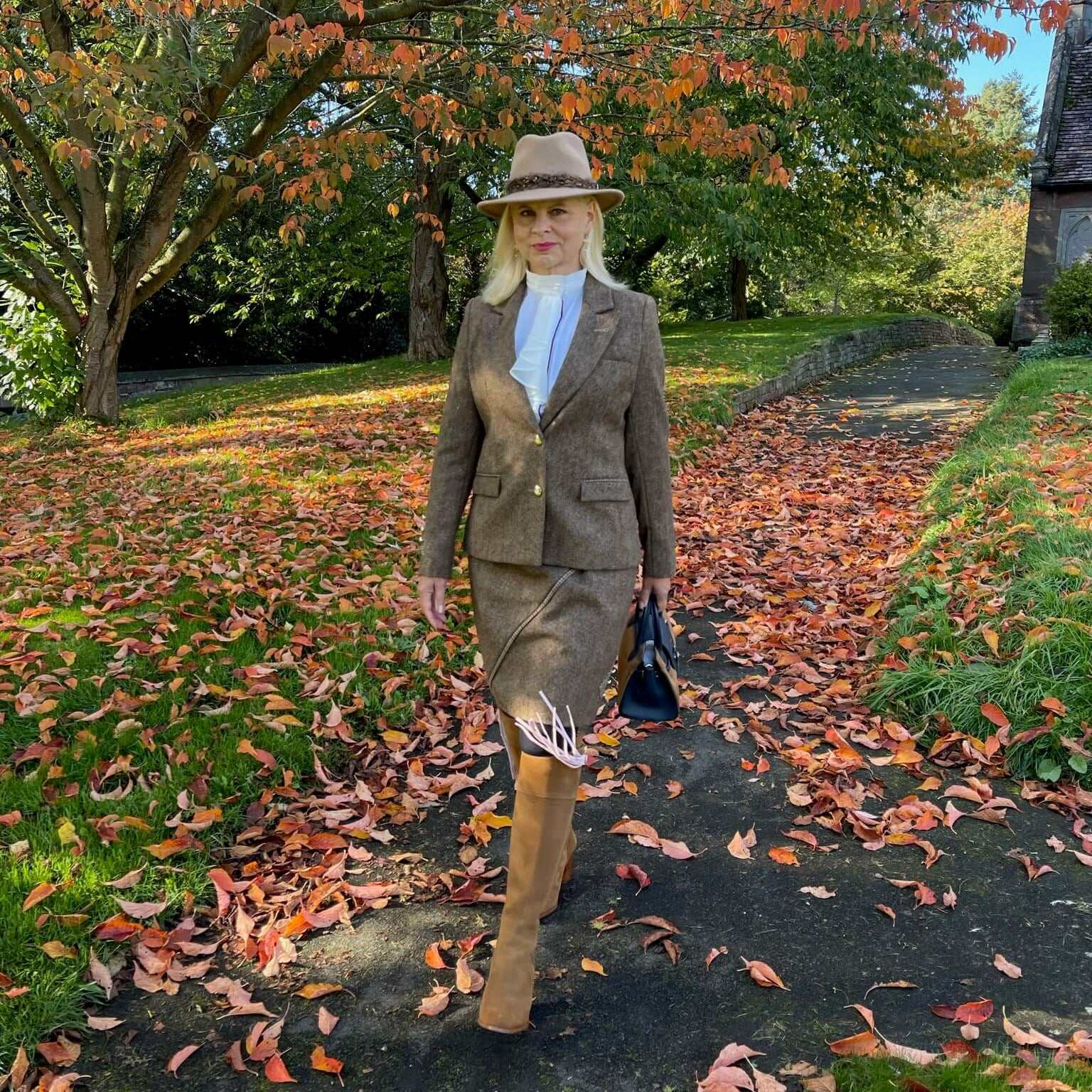 Tweed skirt and jacket set styled together