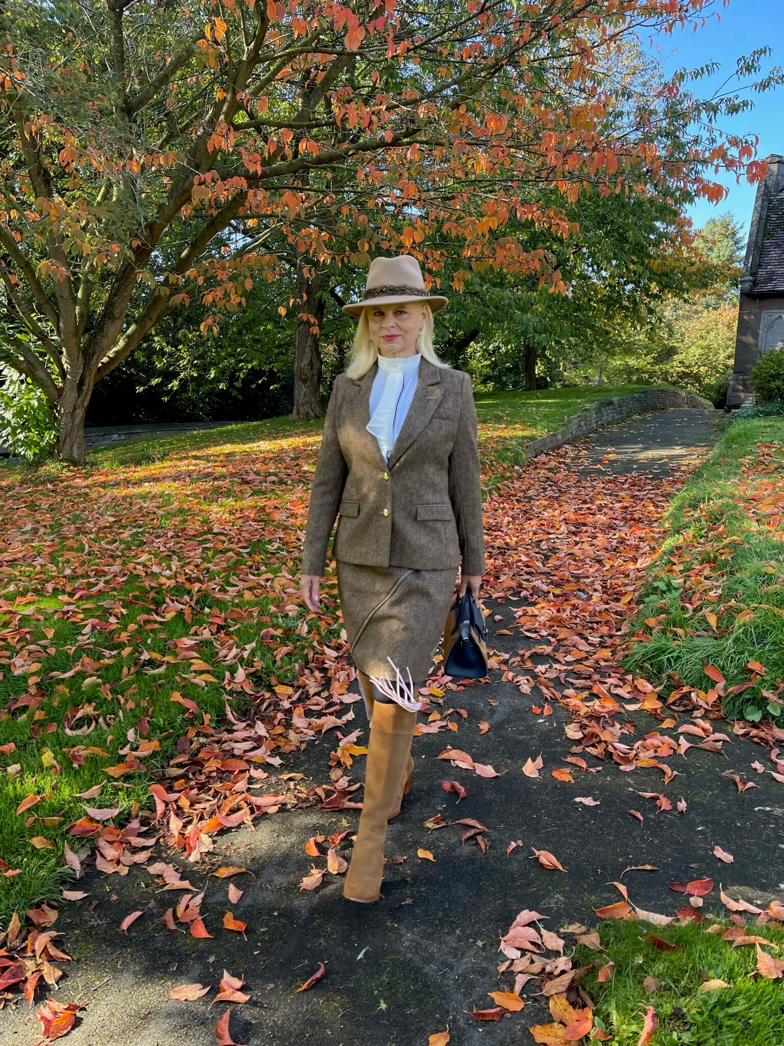 Tweed skirt and jacket set styled together