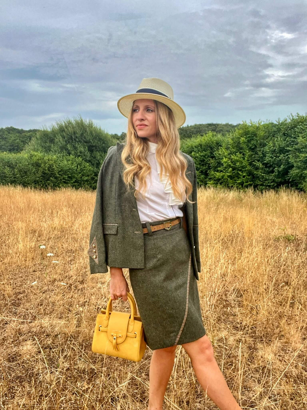 Green tweed jacket and skirt matching set
