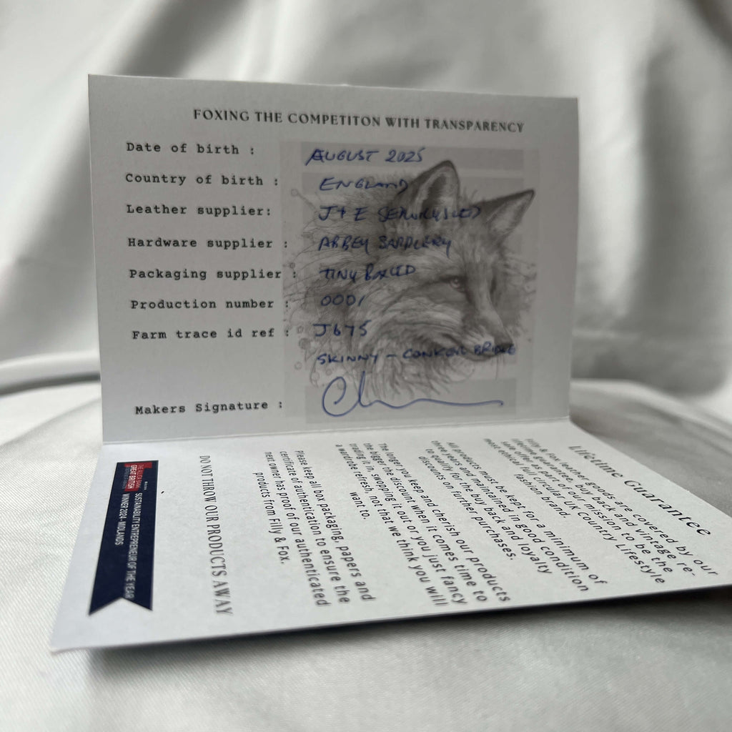 Filly & Fox farm traced bridle leather belt authentication paperwork