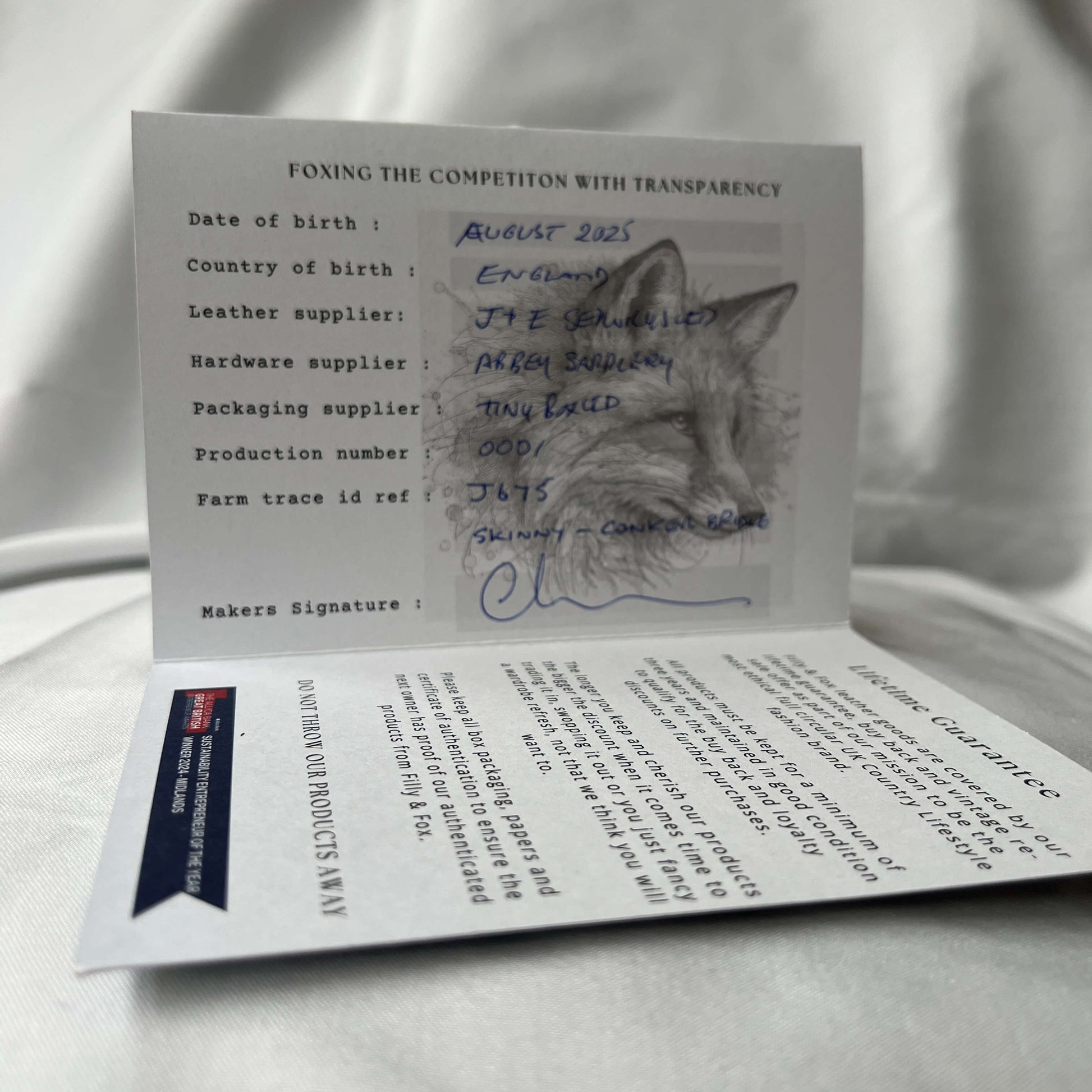 Filly & Fox farm traced bridle leather belt authentication paperwork