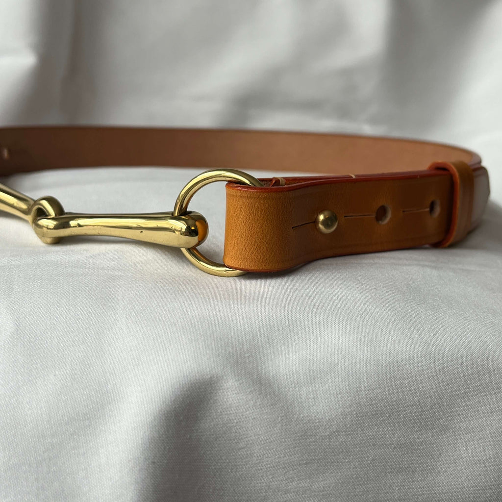 Tan handmade bridle leather equestrian belt close-up