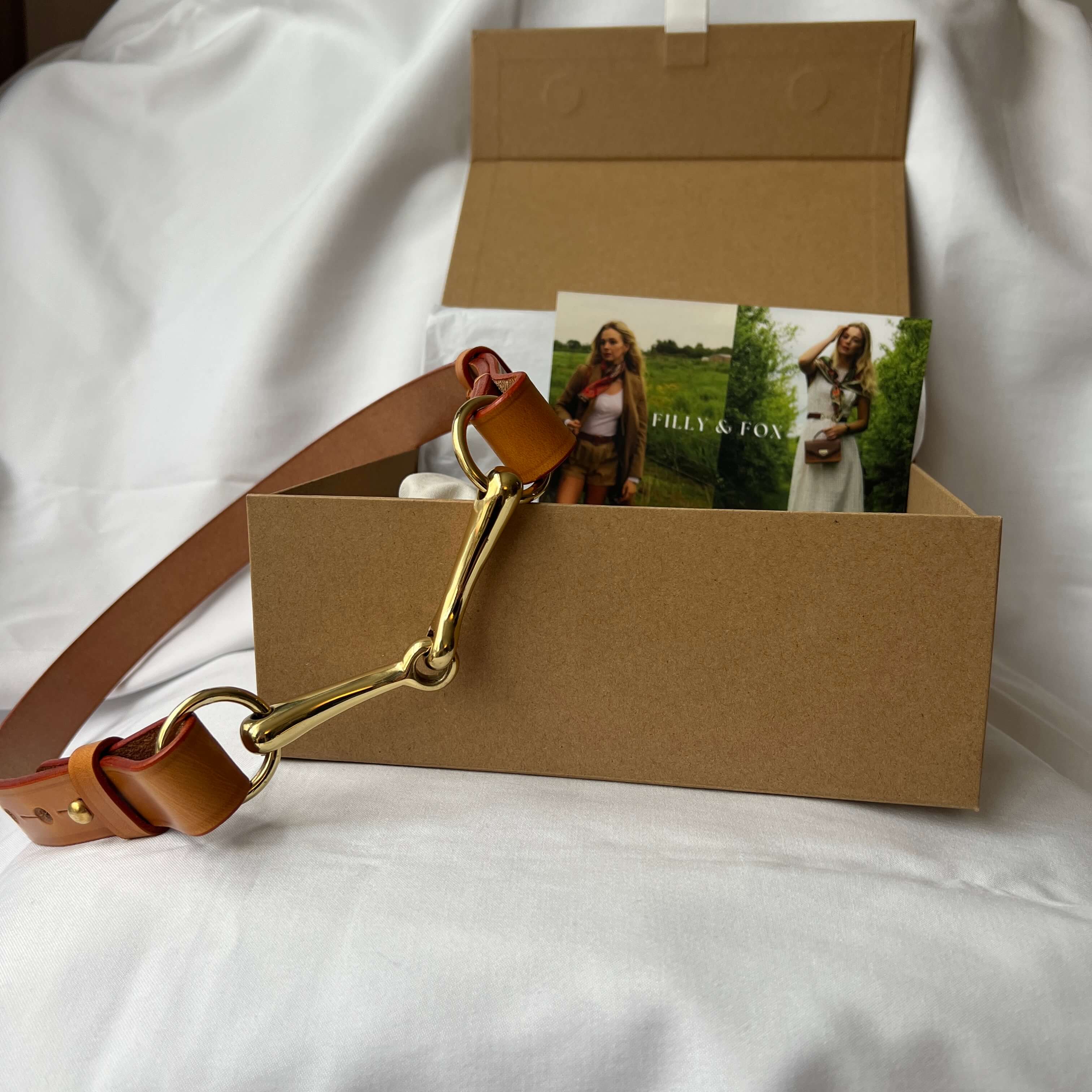 tan leather equestrian belt with gift box