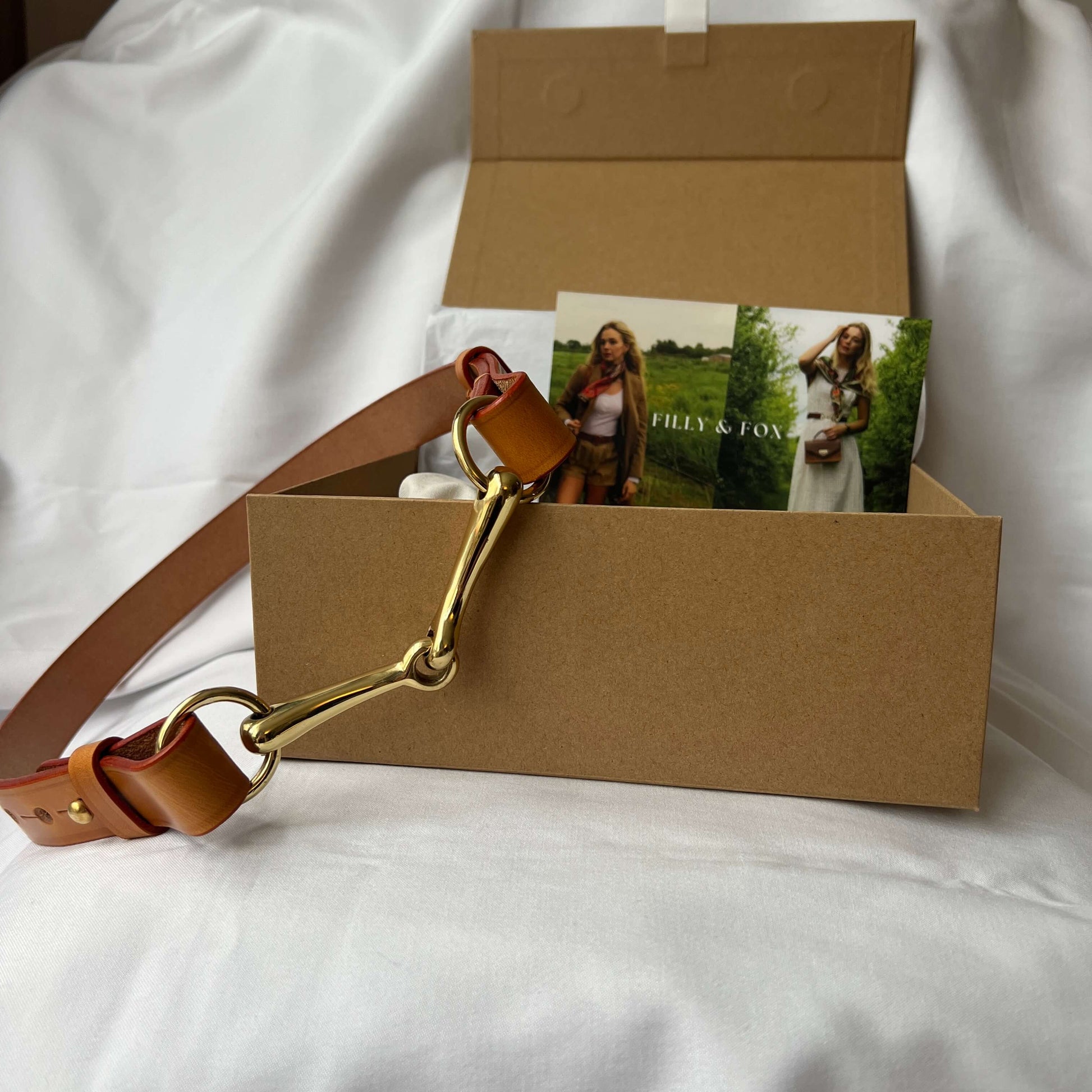 tan leather equestrian belt with gift box