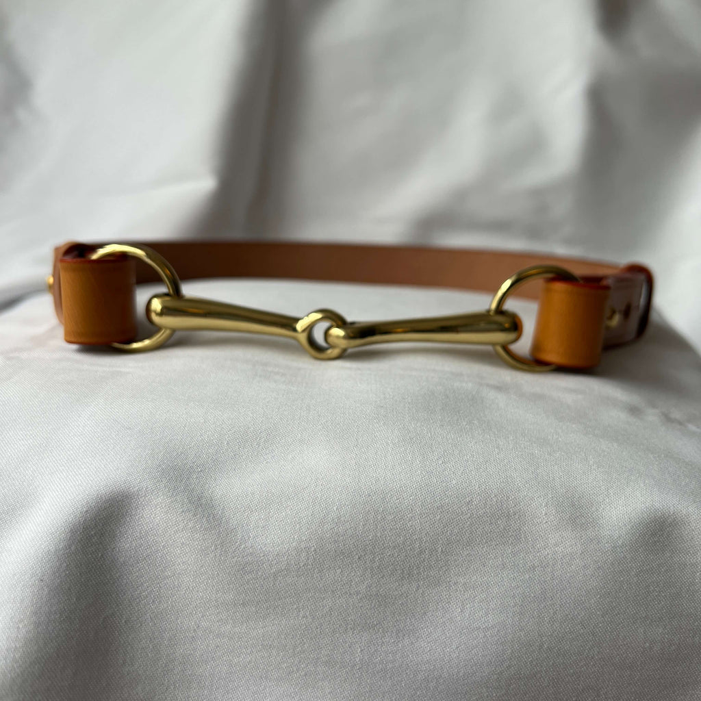 Handmade tan bridle leather equestrian belt with solid brass centrepiece