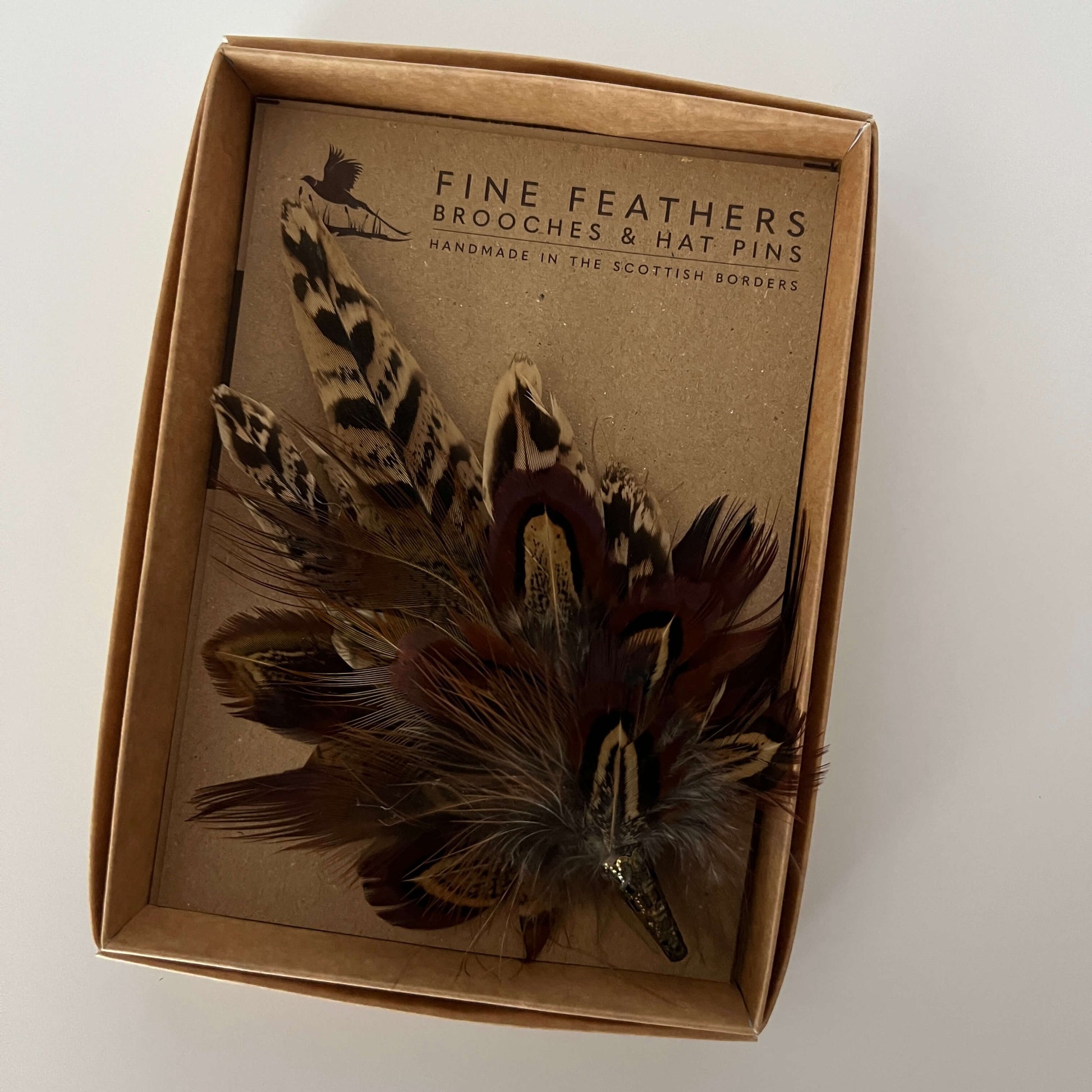 Feather brooch by Fine Feathers Design in its box