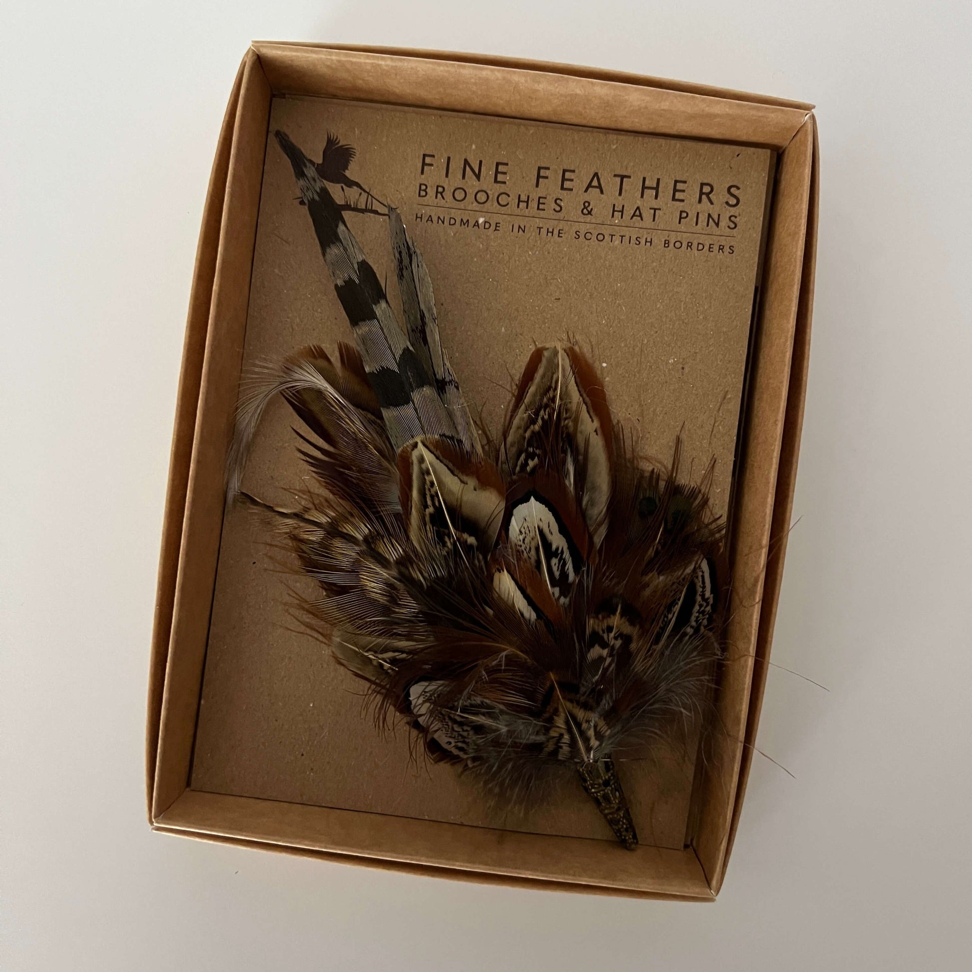 Feather brooch pin by Fine Feathers Design in its gift box