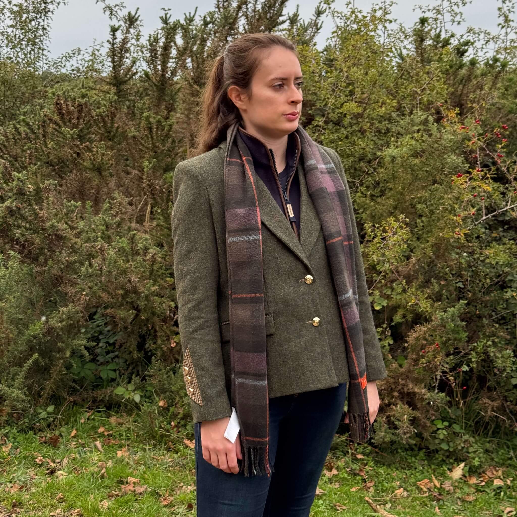 autumn country outfit featuring green tweed jacket