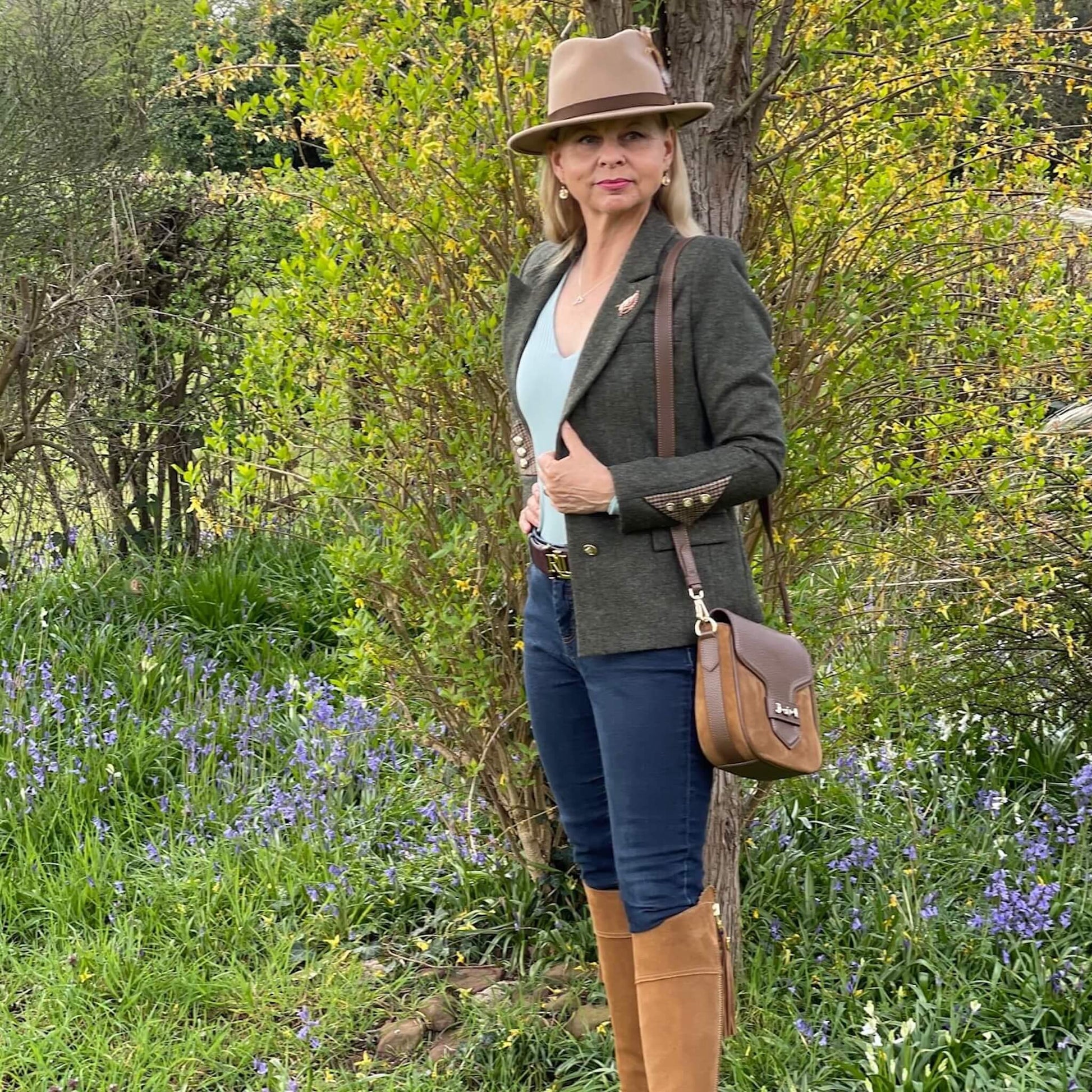spring country outfit featuring green tweed jacket
