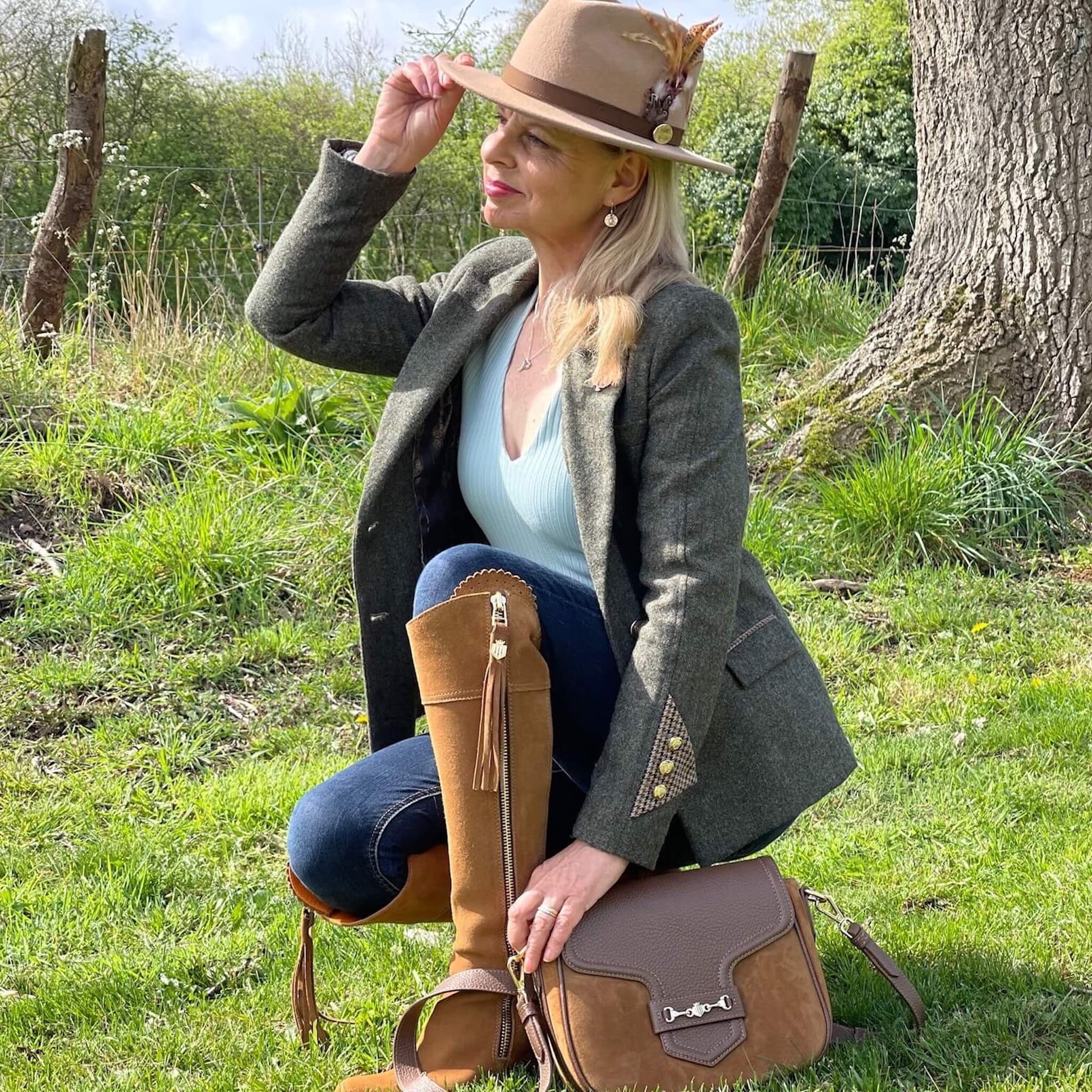 spring country outfit featuring green tweed jacket