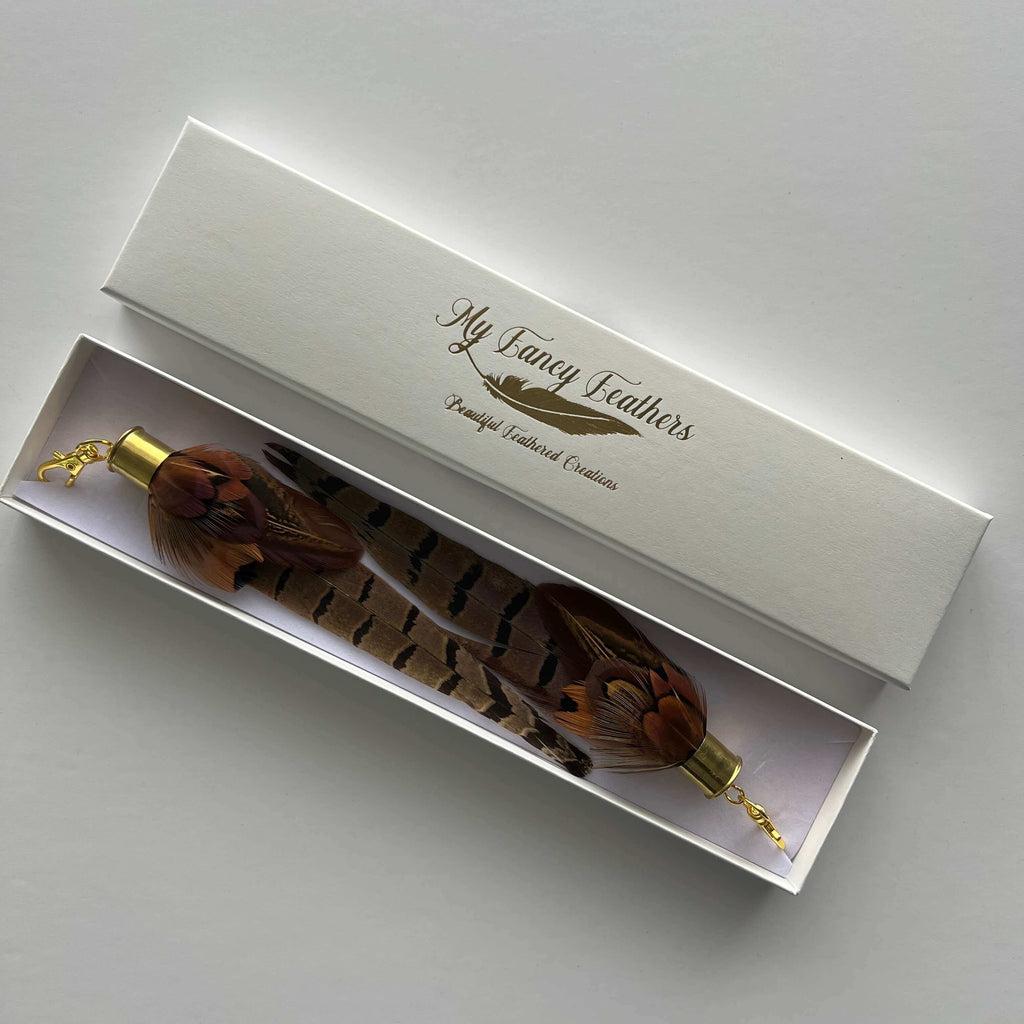 long brown feather boot tassels in gift box