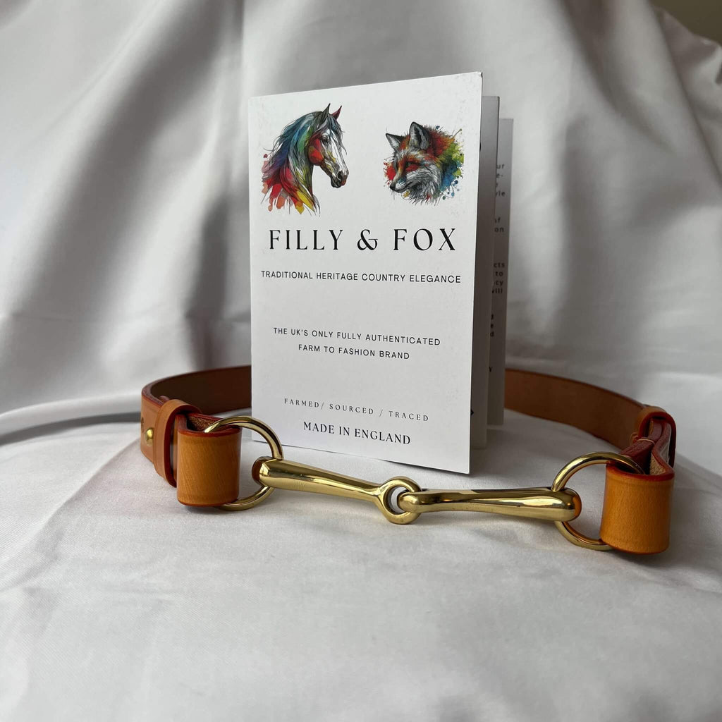 tan english bridle leather equestrian belt with authentication certificate