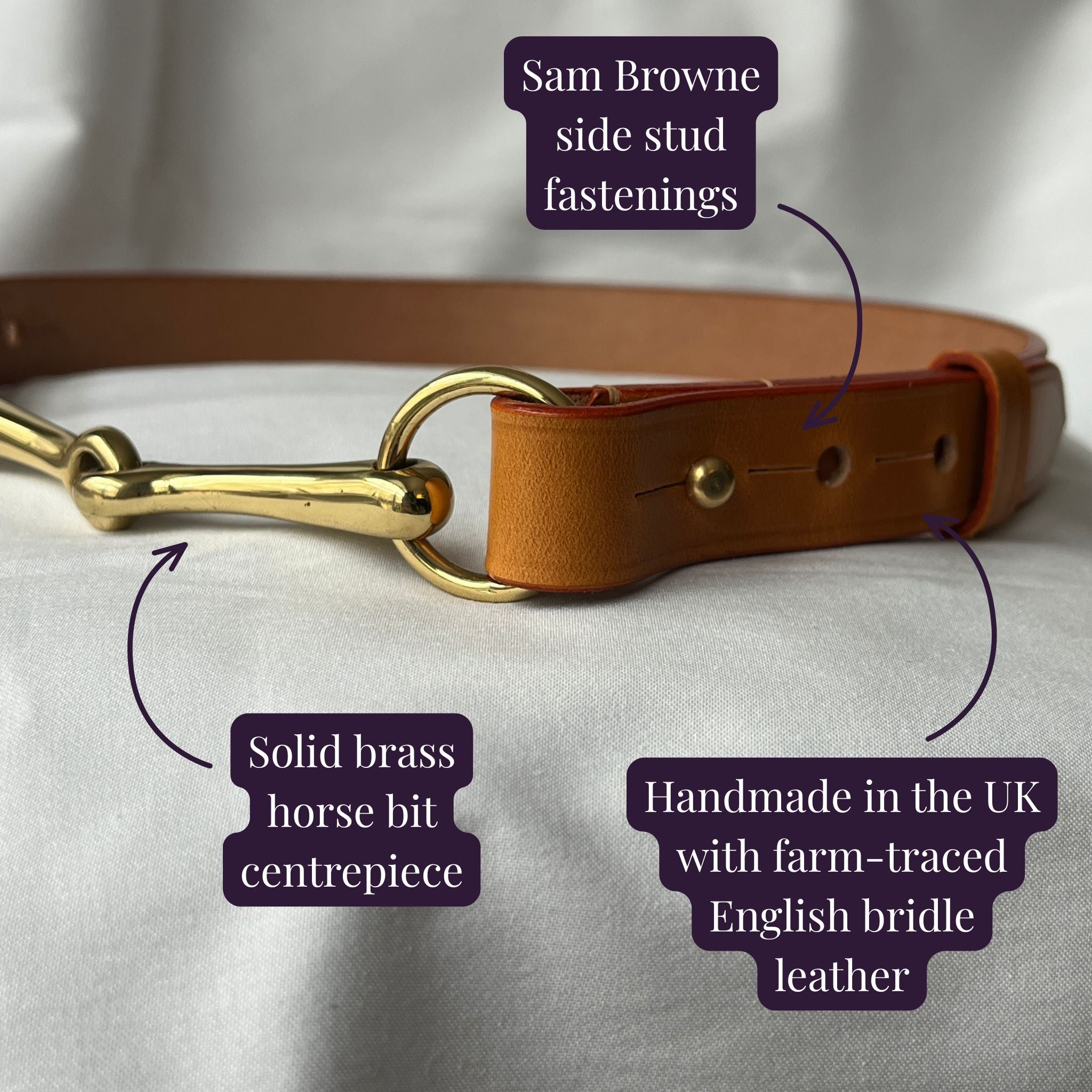 Tan brown equestrian horse bit belt annotated with provenance details