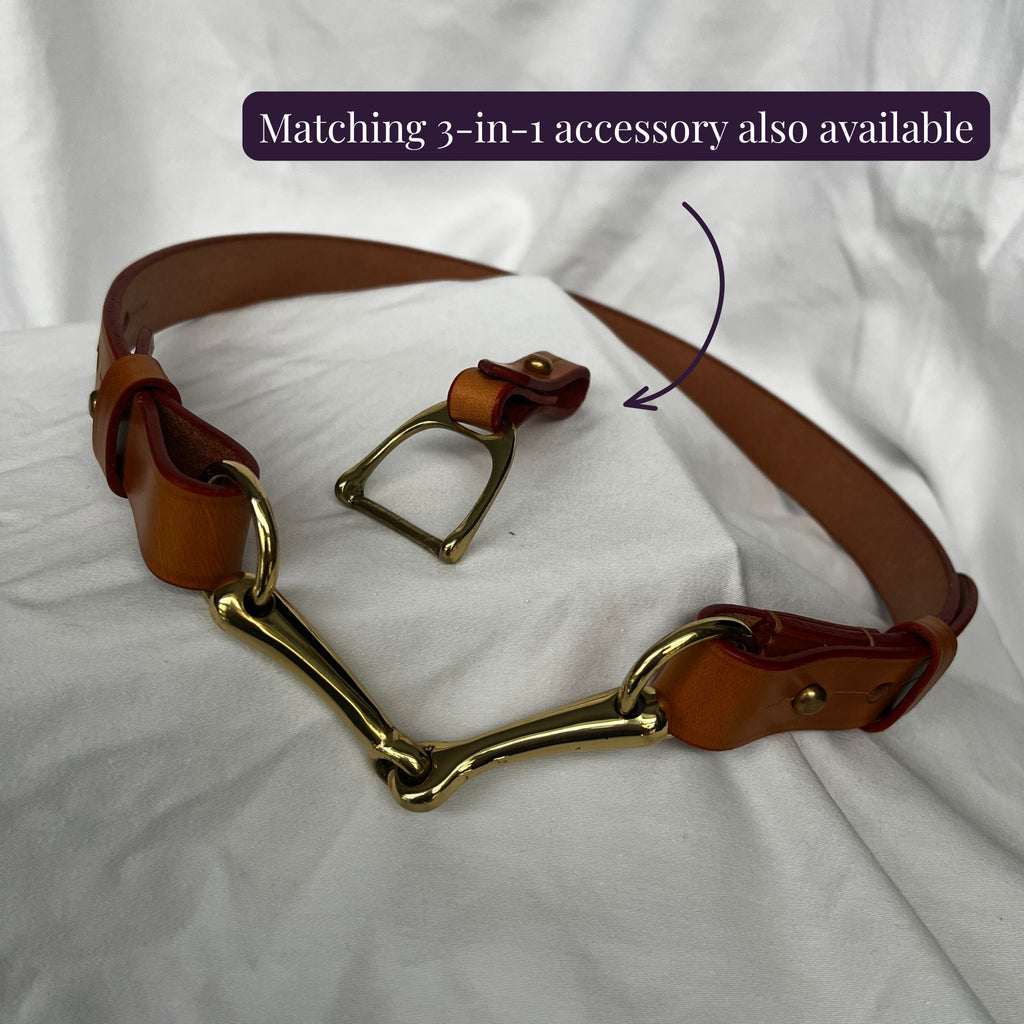 Brown tan equestrian horse bit belt with matching stirrup keyring bag charm and scarf ring accessory