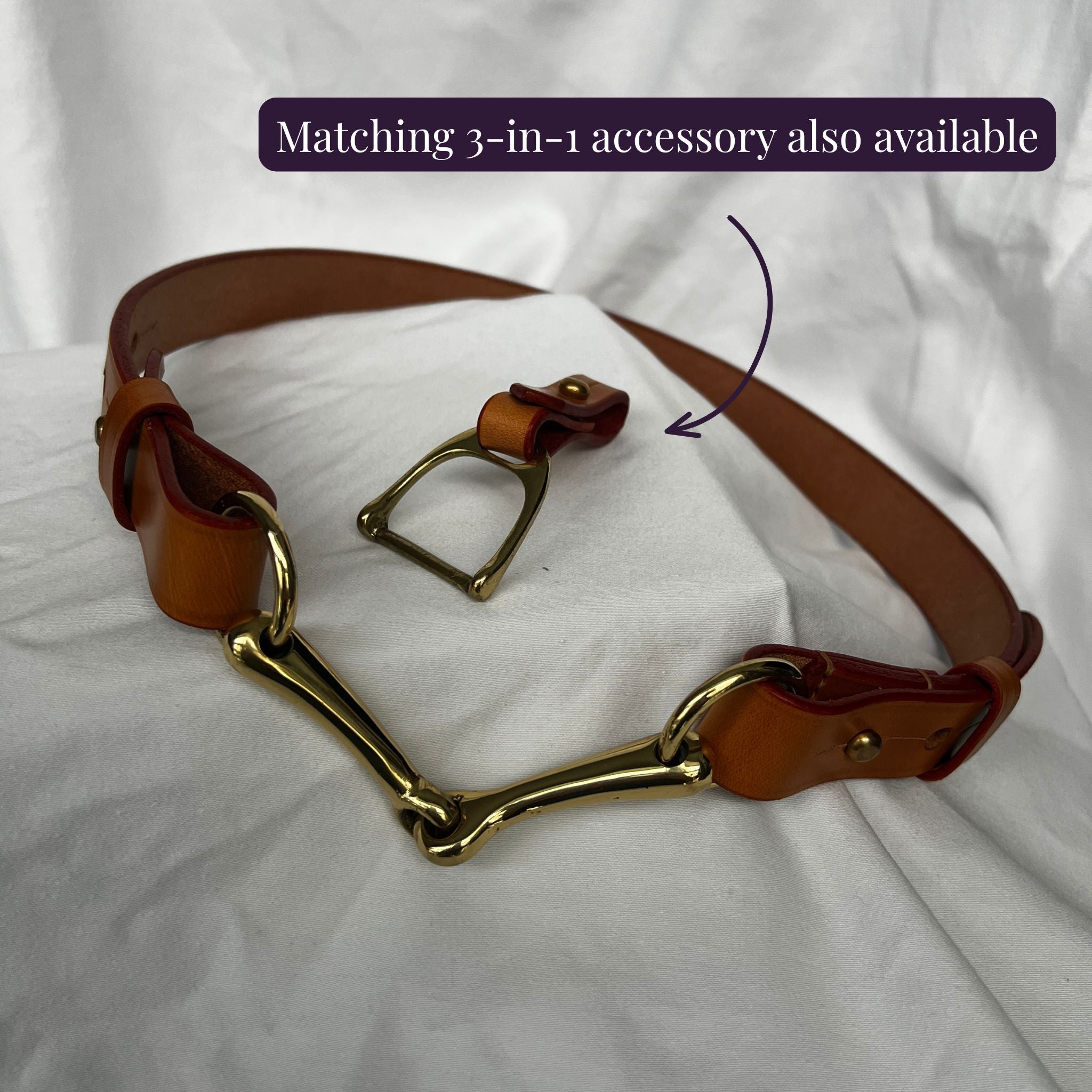 Brown tan equestrian horse bit belt with matching stirrup keyring bag charm and scarf ring accessory