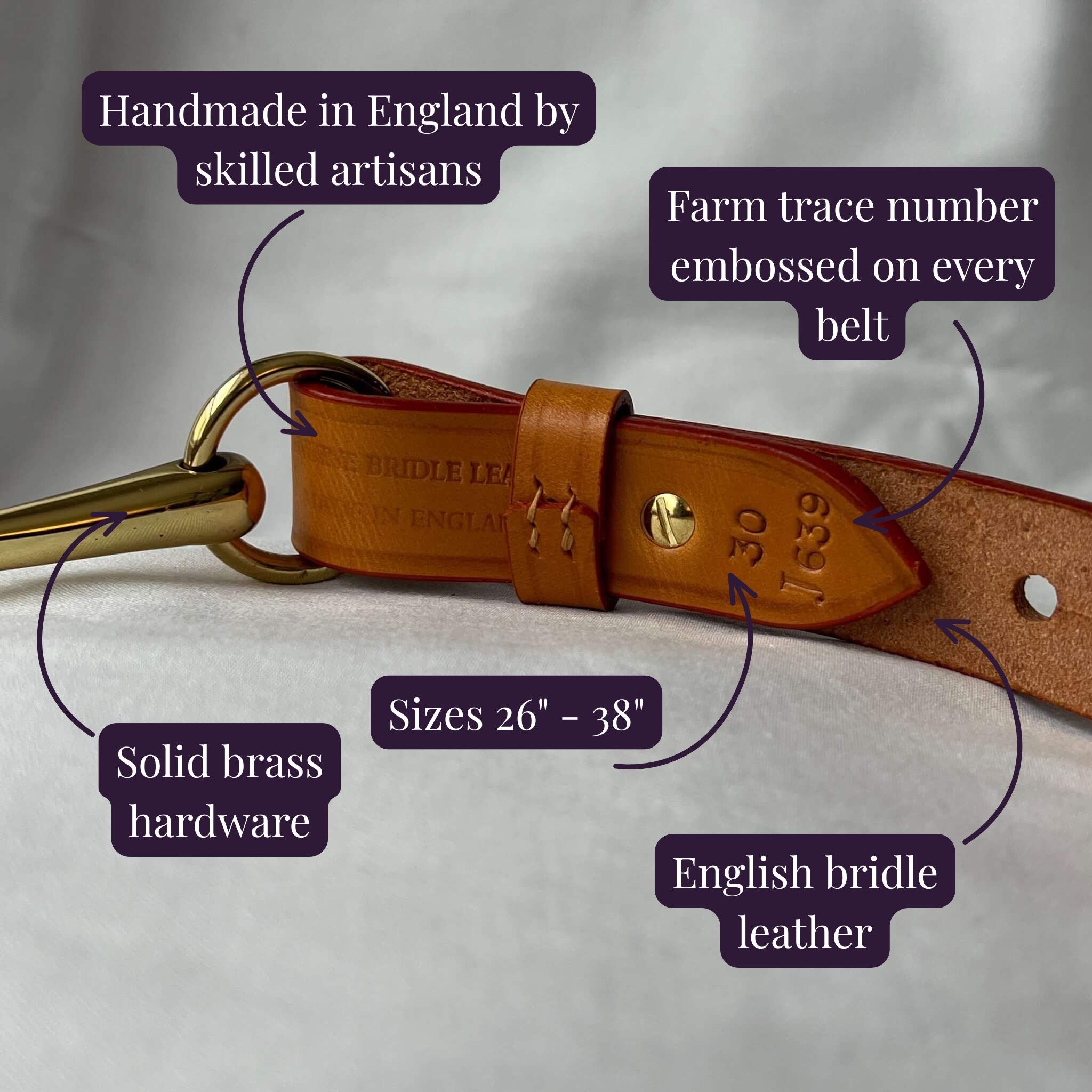 Tan brown equestrian horse bit belt annotated with provenance details