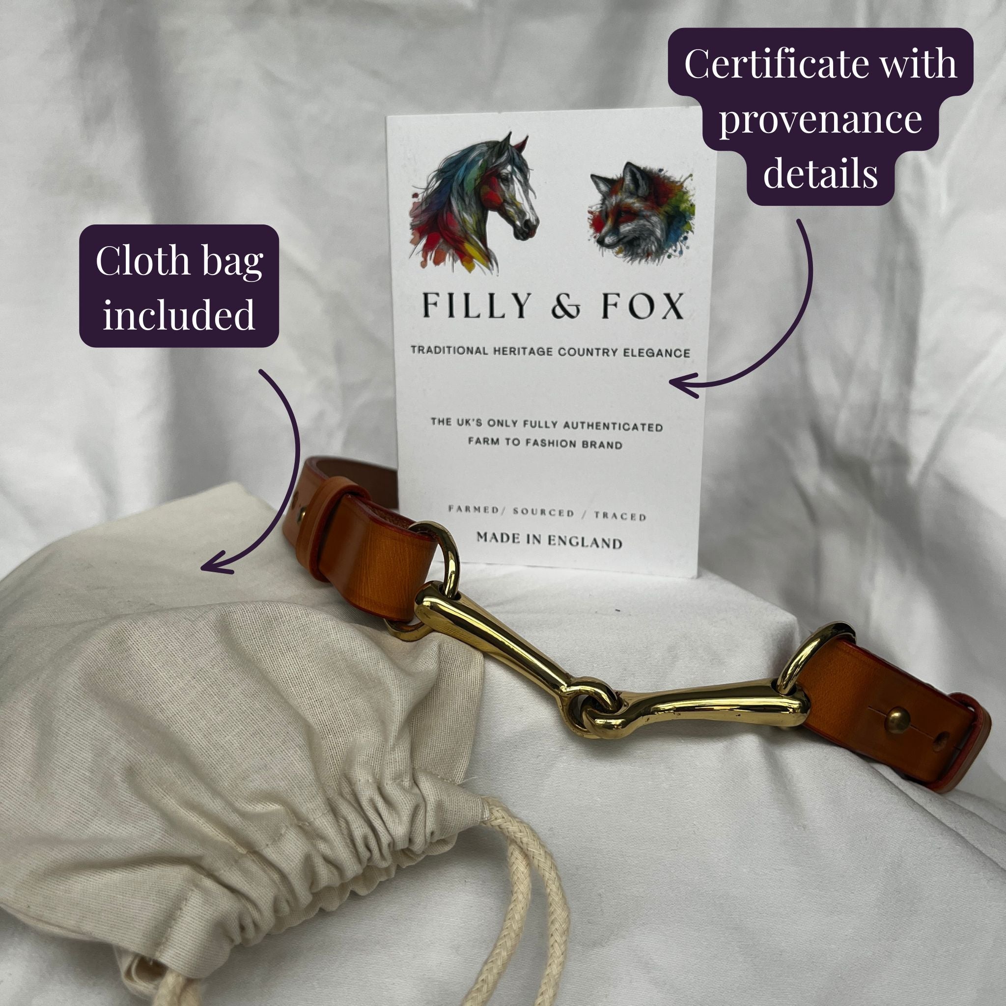 Tan brown equestrian horse bit belt annotated with details about packaging