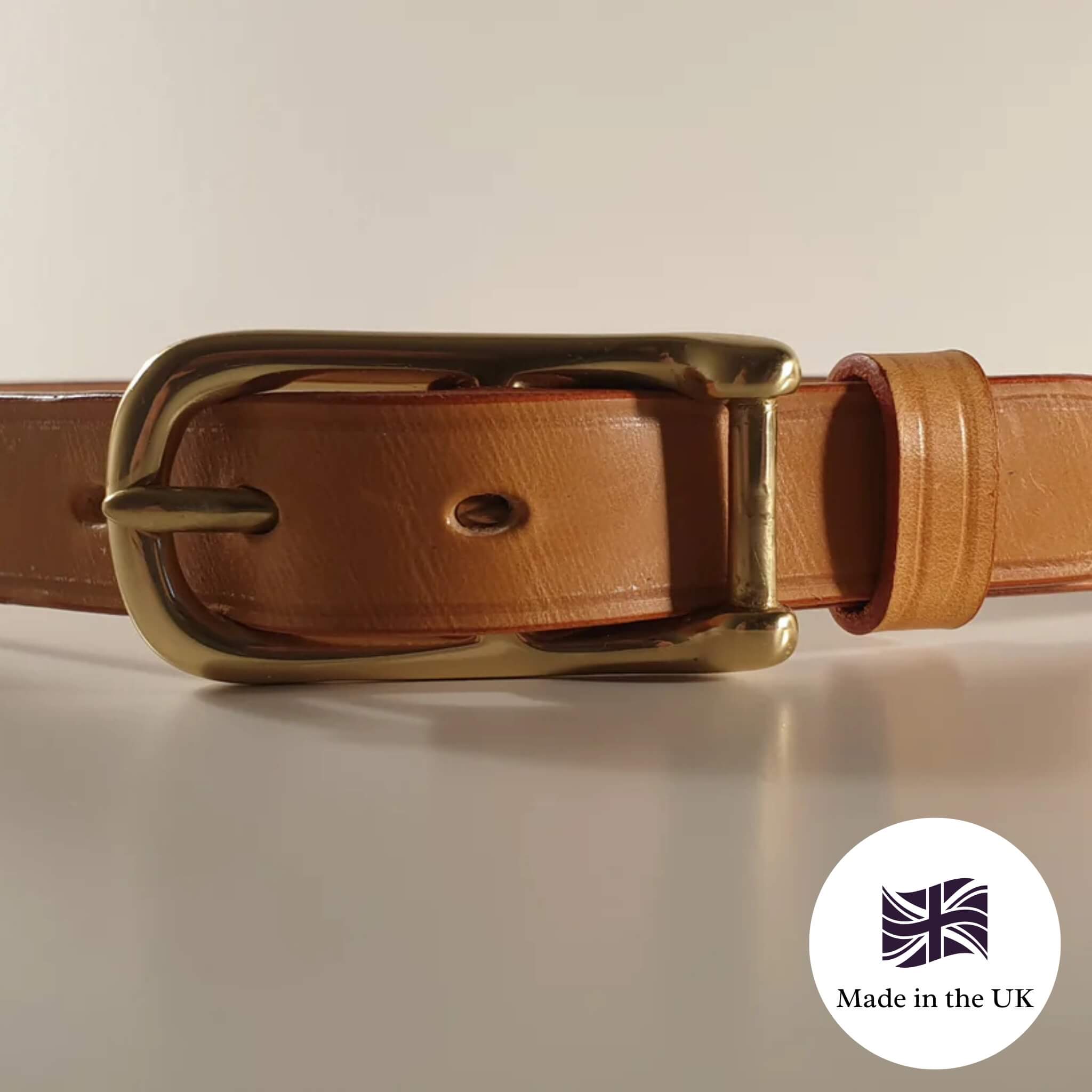 ladies' skinny leather belt in london tan handmade in the uk with farm traced english bridle leather