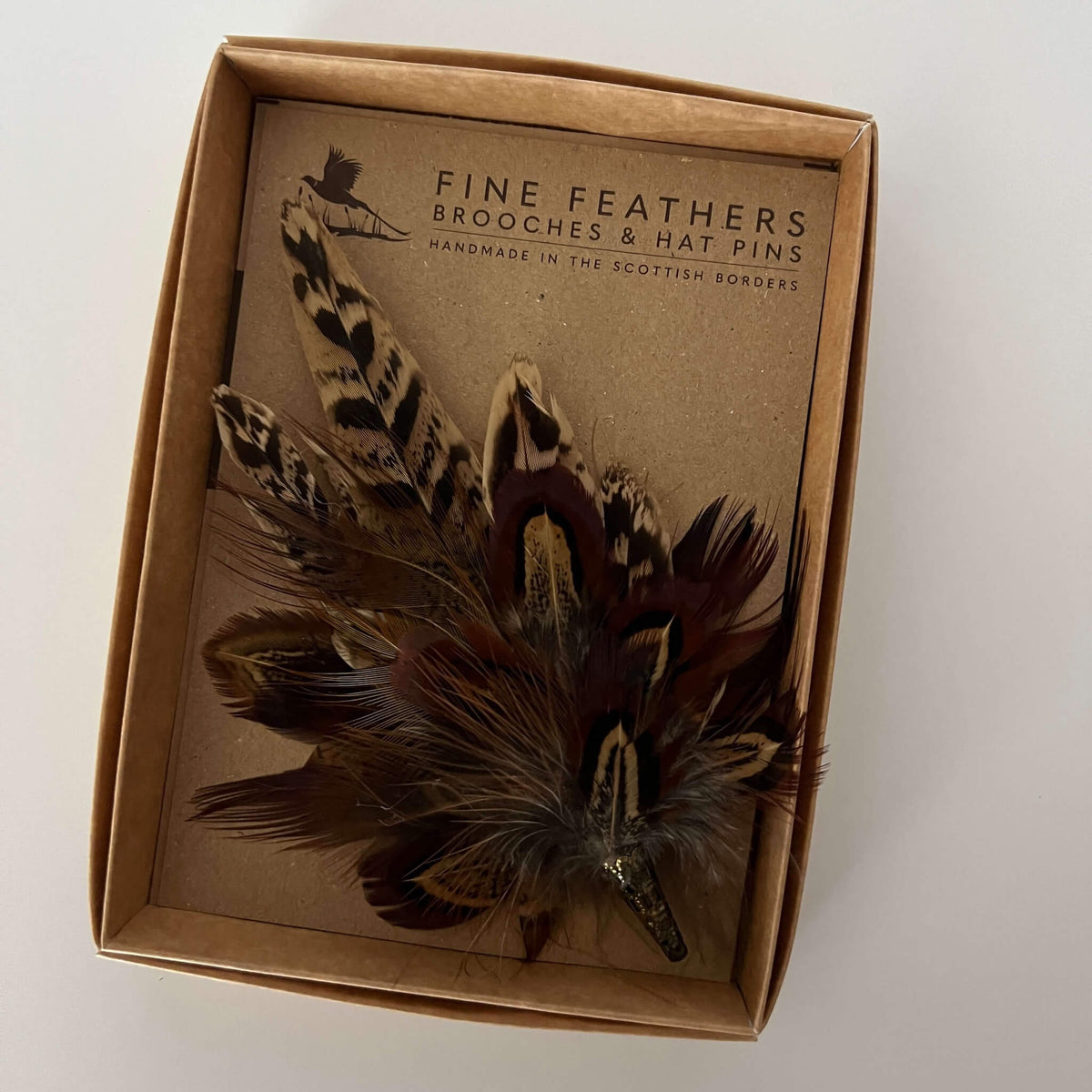 small feather brooch pin in gift box